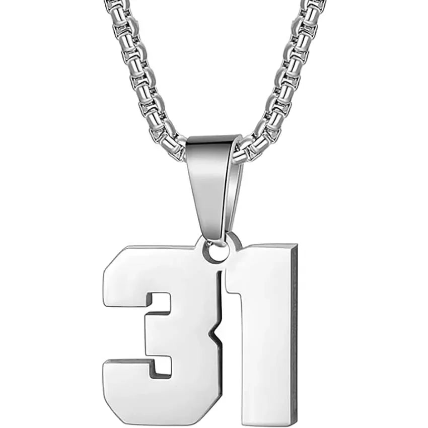 Silver pendant necklace featuring the number ’31’ as the charm.