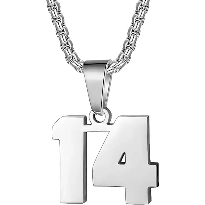 Silver pendant necklace featuring the number ’14’ as a charm.