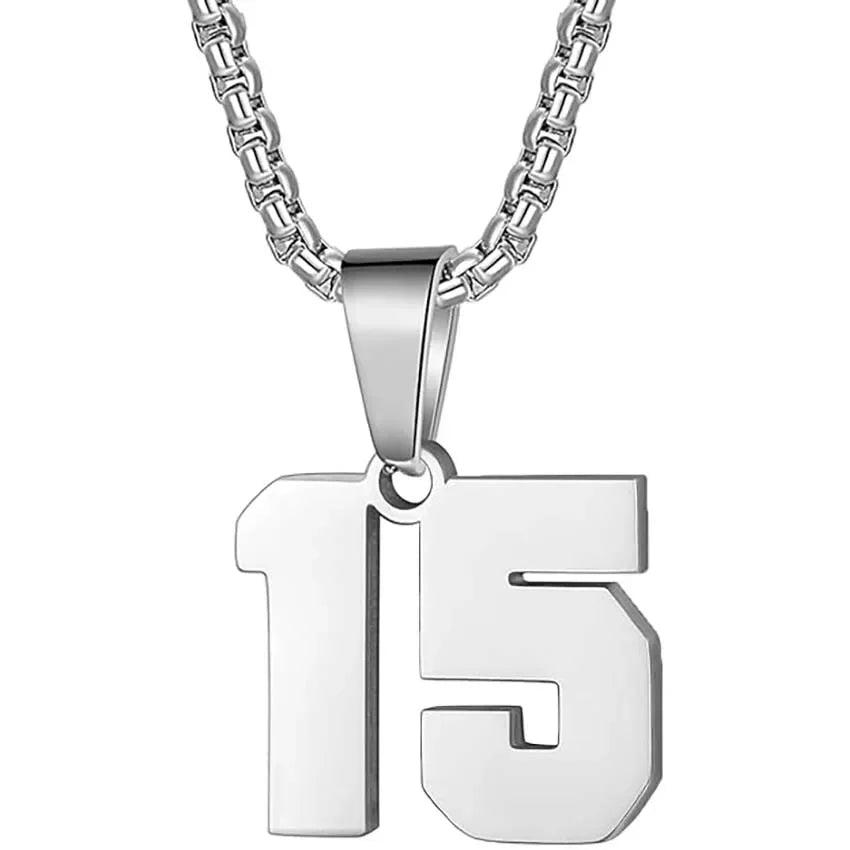 Silver pendant necklace featuring the number ’15’ as the charm.