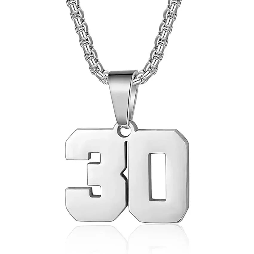 Silver pendant necklace featuring the number ’30’ as the charm.