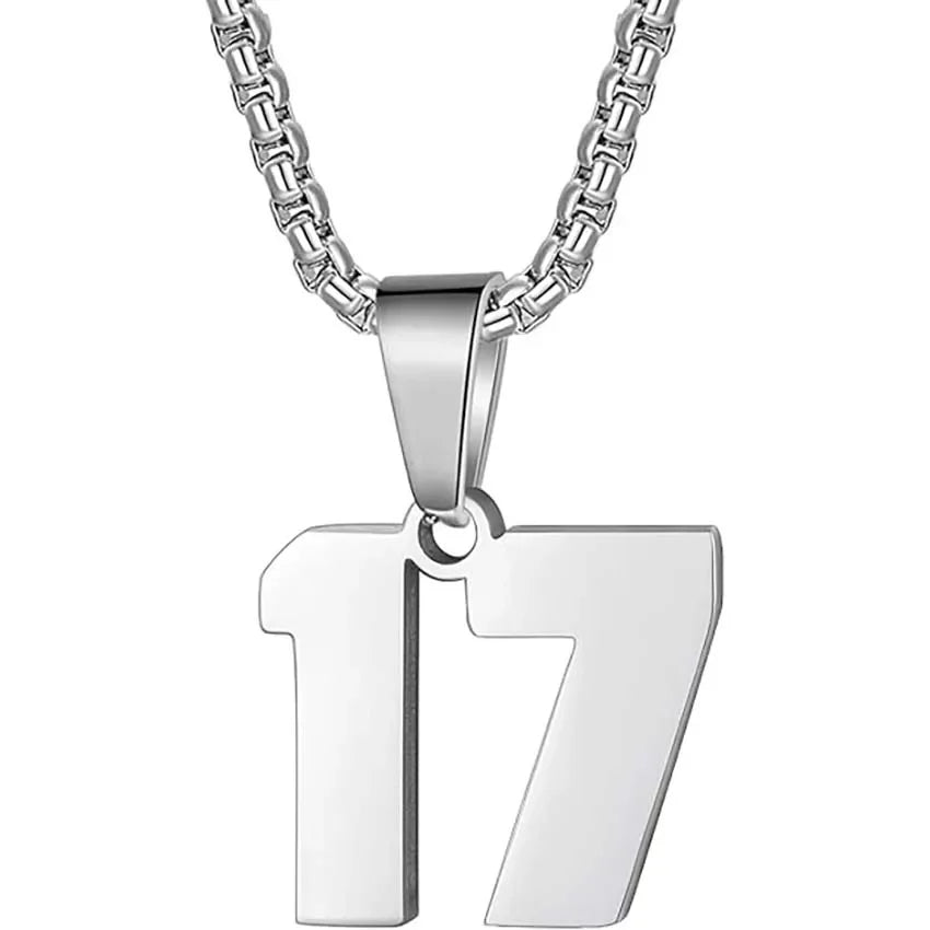 Silver pendant necklace featuring the number 17.