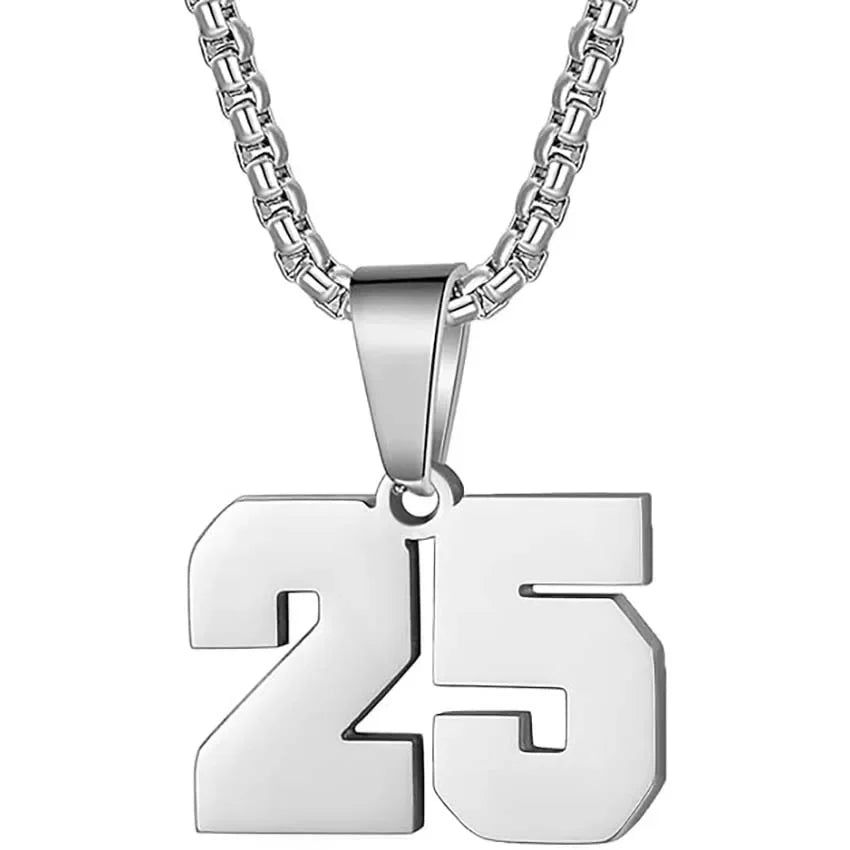 Silver pendant necklace featuring the number 25.