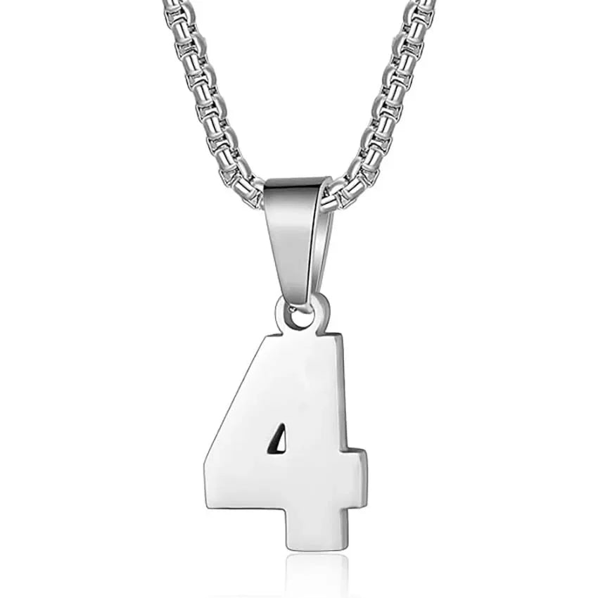 Silver pendant necklace featuring the number 4.