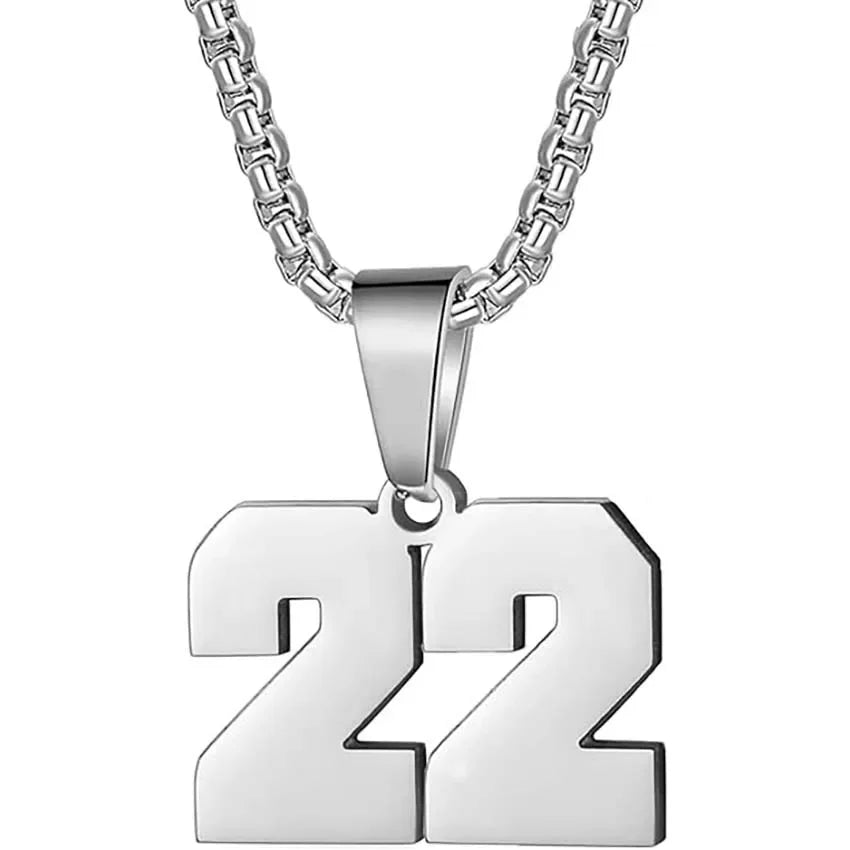 Silver pendant necklace featuring the number 22.